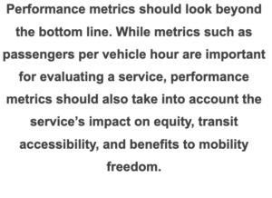 Text calling out the importance of performance measures: "Performance metrics should look beyond the bottom line. While metrics such as passengers per vehicle hour are important for evaluating a service, performance metrics should also take into account the service’s impact on equity, transit accessibility, and benefits to mobility freedom"